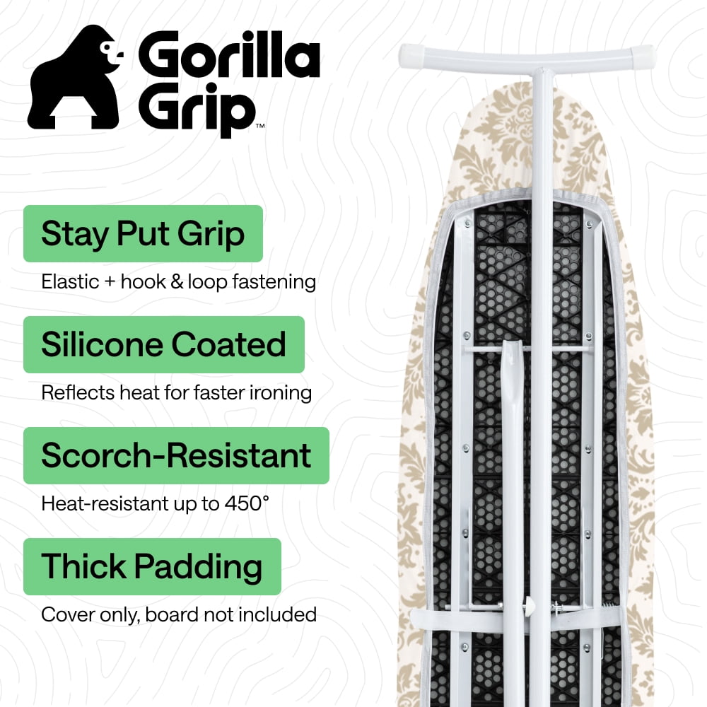 GORILLA GRIP Scorch Resistant Ironing Board Cover, Silicone Coating, Hook and Loop Fastener Strap, Damask