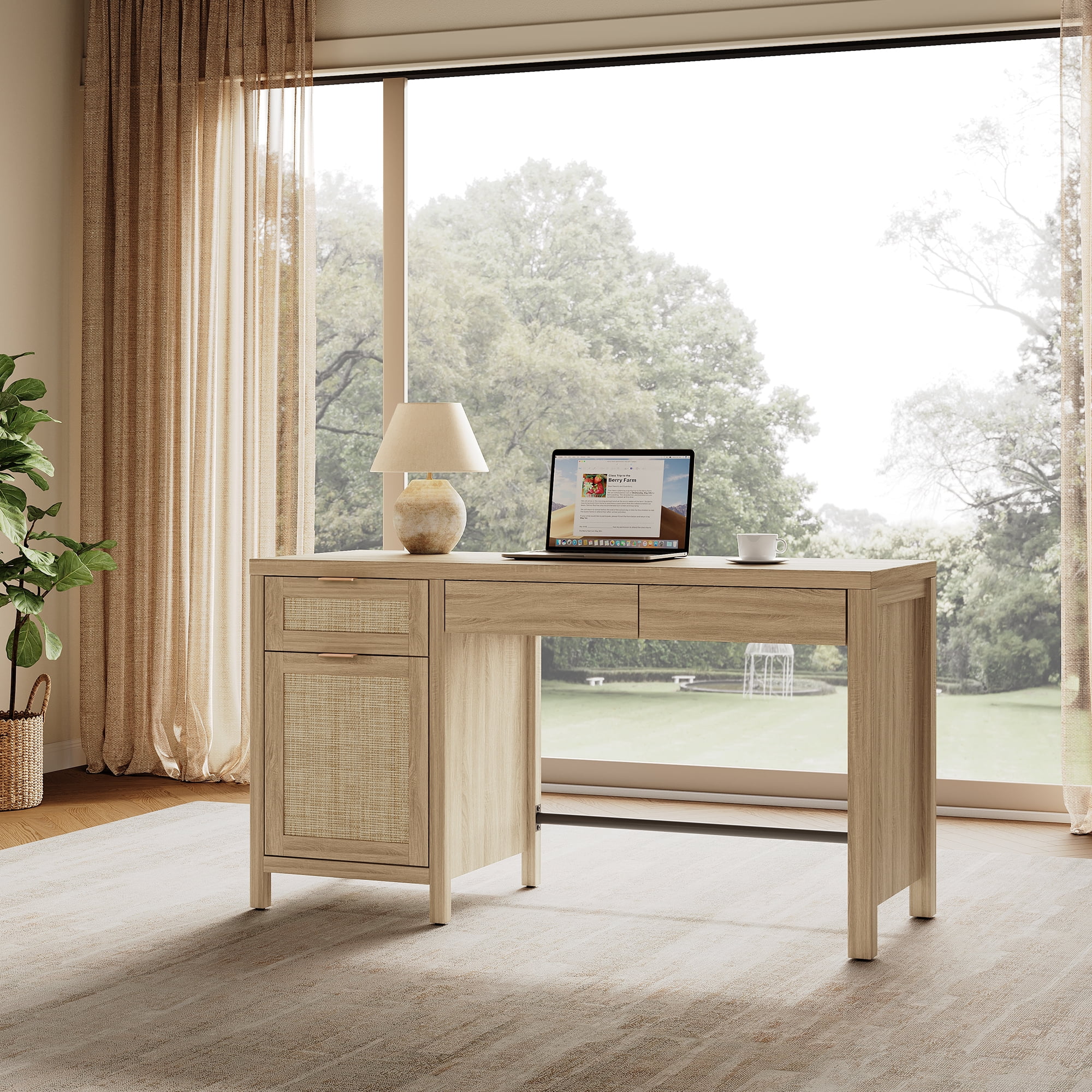 SICOTAS 55" Wide Writing Desk with Rattan Decor & Hidden Drawers Set of 2–Spacious Desktop for Dual Monitors, Adjustable Shelf, Sturdy Engineered Wood, Boho Style for Home Office or Vanity