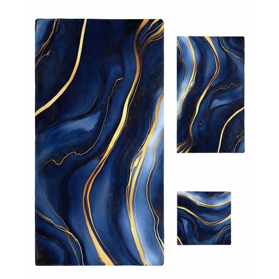 Marble Navy Blue Towel Set of 3, Soft Microfiber Bath Towels, Hand Towel, Washcloths, Modern Golden Ombre Retro Fluid Art Quick-Dry Absorbent Towels for Bathroom Kitchen Hotel Beach Gym Spa