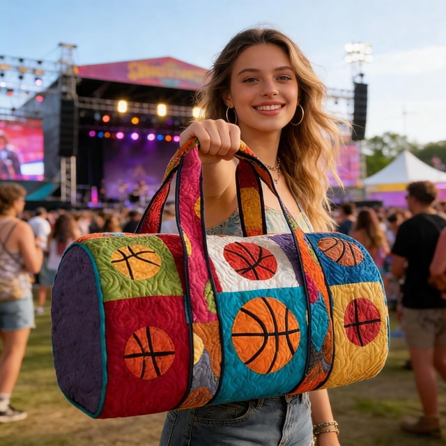 Bolso de viaje – Bolso, bolsa portátil bordada con patrón de baloncesto acolchado, poliéster multicolor, accesorio ligero para regalo diario, 16 x 8 x 8 pulgadas