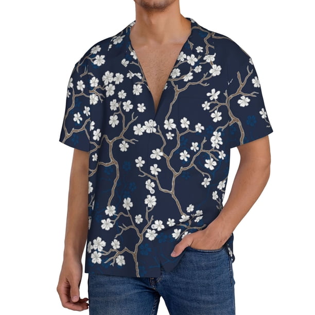 Fotbe Cherry Blossoms on Navy Background Camisa Estampada de Manga Corta para Hombre, Casual de Verano, Estilo Playero, Sin Arrugas-Medium
