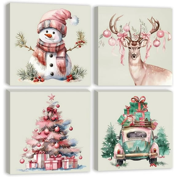 Pink Christmas Canvas Wall Art - Set of 4 Snowman, Deer, Christmas Tree and Truck Christmas Poster Art Print - Aesthetic Xmas Holiday Painting Room Decor for Living Room Bedroom (12"X12"X4PCS)