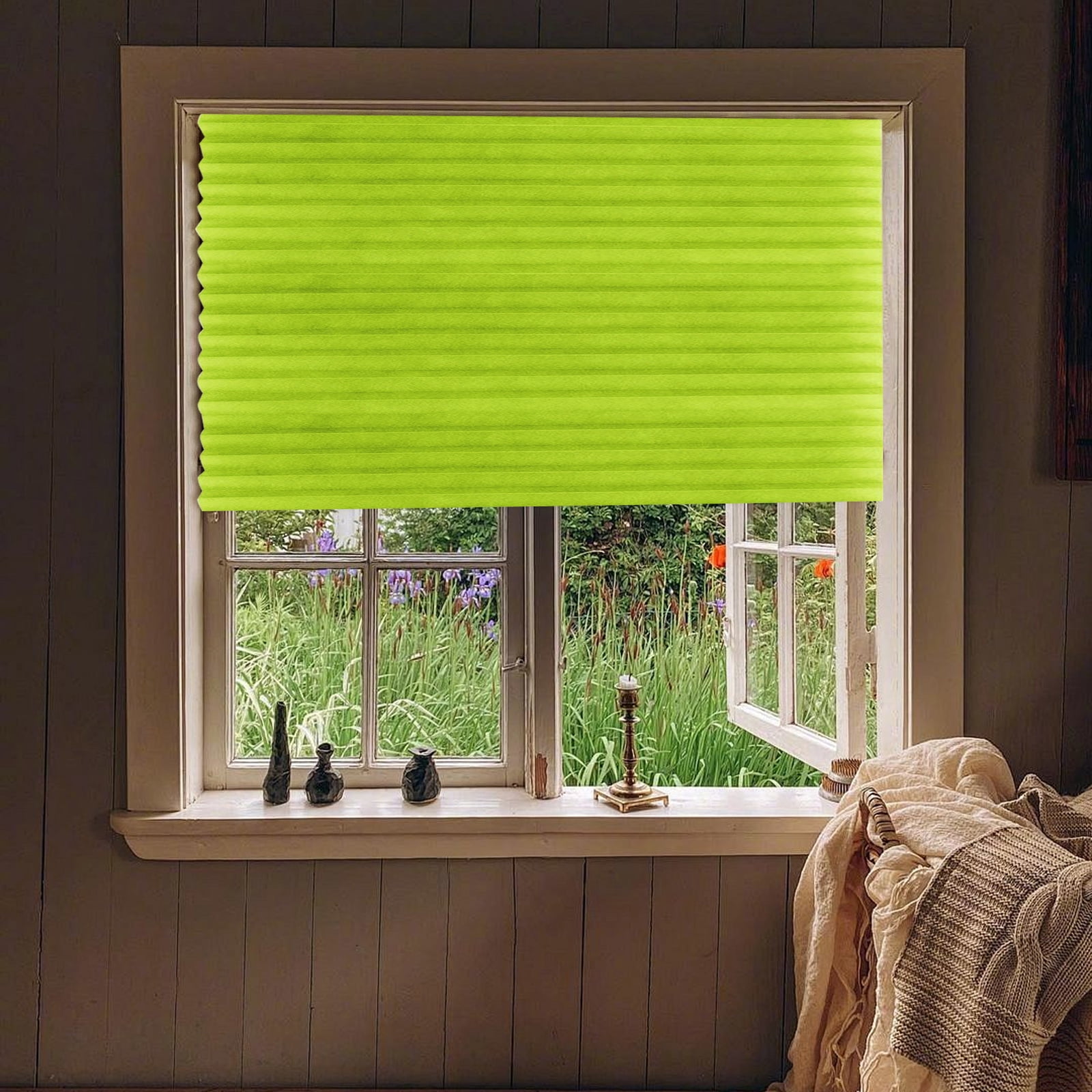 Window Blinds for Home, No Drill Blinds for Windows, Window Shades Pull Down, Mini Blinds for Indoor Windows, Adhesive Pleated Blinds Folding Privacy Curtain Green 23.62x70.87 Inch 1Pcs
