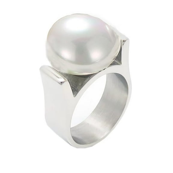PAMTIER Women's Stainless Steel Vintage Exaggerated Large Pearl Wedding Ring Silver Size 10