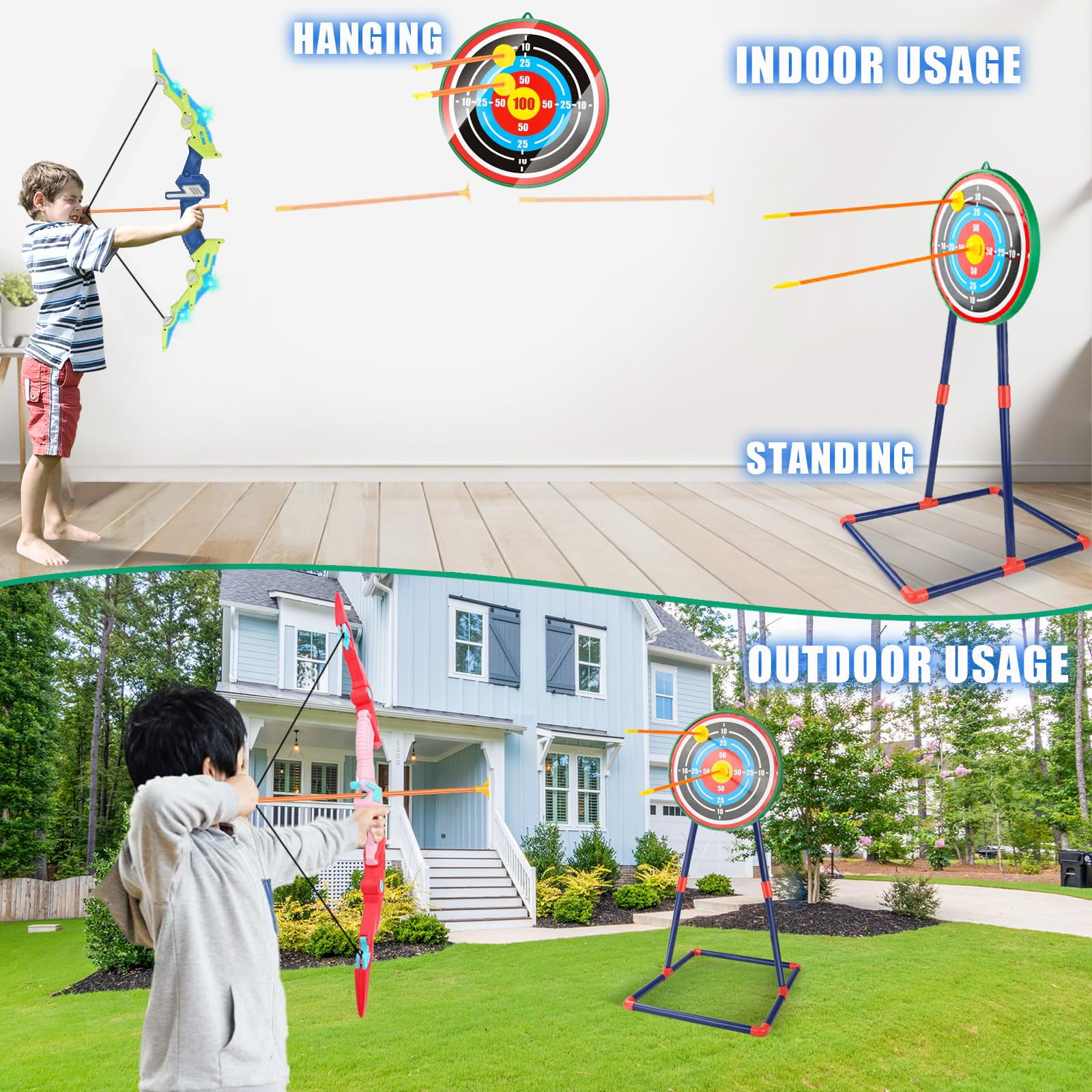 2 Pack Kids Bow and Arrows Set with LED Lights Included 10 Suction Cup Arrows and Standing Target-Sport Toys Gifts for Boys and Girls Ages 6-12