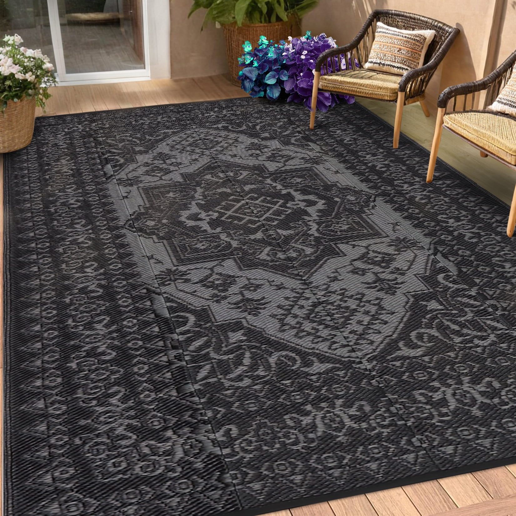 HIWEAVER 9' x 12' Black/Gray Outdoor Rug PP Plastic Straw Woven Waterproof Patio Rug with Border Portable Outside Carpet for Balcony Deck Picnic Garden Decor