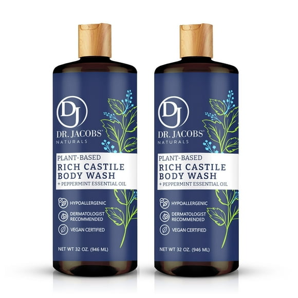 DR. JACOBS NATURALS Jabón corporal natural de menta de Castilla para hidratar la piel seca y sensible Champú con ingredientes a base de plantas Fórmula sin conservantes de gluten - 32 oz Paquete de