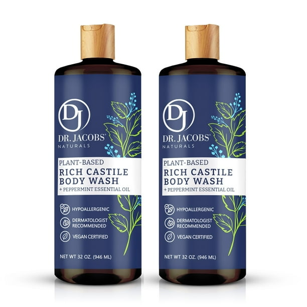 DR. JACOBS NATURALS Jabón corporal natural de menta de Castilla para hidratar la piel seca y sensible Champú con ingredientes a base de plantas Fórmula sin conservantes de gluten - 32 oz Paquete de