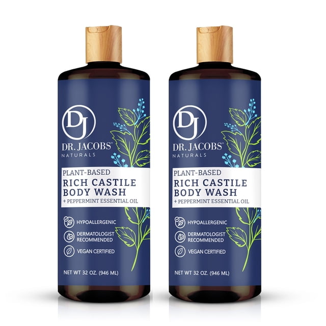 DR. JACOBS NATURALS Jabón corporal natural de menta de Castilla para hidratar la piel seca y sensible Champú con ingredientes a base de plantas Fórmula sin conservantes de gluten - 32 oz Paquete de