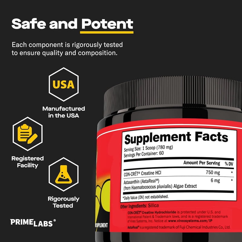 Prime Labs Creatine HCl Powder with AstaReal Astaxanthin 6mg - Supports Muscle Recovery & Brain Health - Con-Cret Creatine HCl (7X More Concentrated Than Monohydrate) - 60 Servings