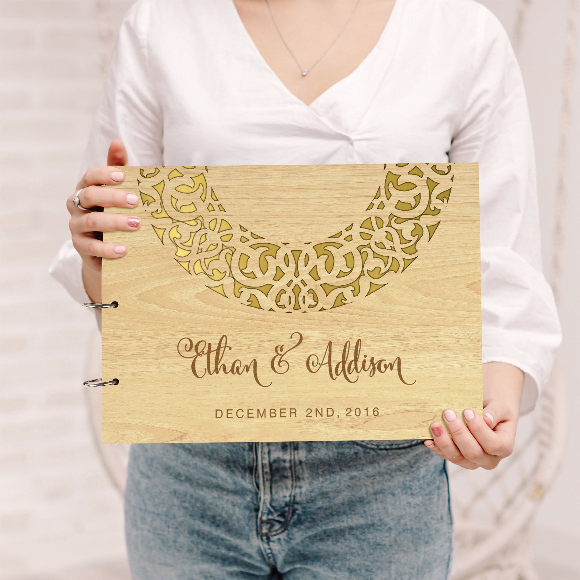 Darling Souvenir Personalized Engraved Laser Cut Wedding Guest Book Wooden Cover Sign-in Book Registry Guestbook Scrapbook-GS