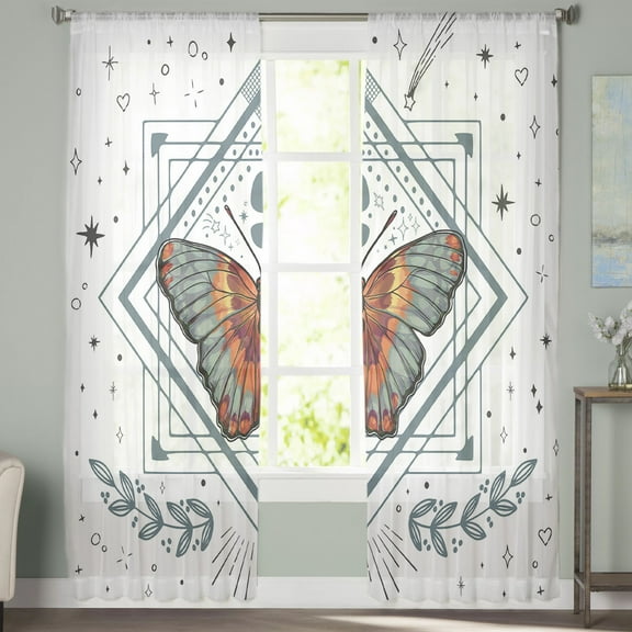 Sheer Curtains 72 inches Long, Butterfly Geometric Lines and Stars Pattern Light Filtering Sheer Window Curtains Rod Pocket Voile Drapes for Bedroom Living Room, 52"W x 72"L 2 Panels