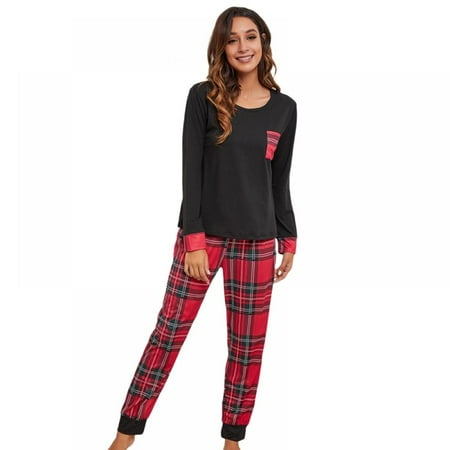 

Newway Women s Pajama Set Elastic Waist Bottoms Top Tee+Loose Pants Nightwear Joggers Loungewear Pjs Sets Red Plaid Sleepwear