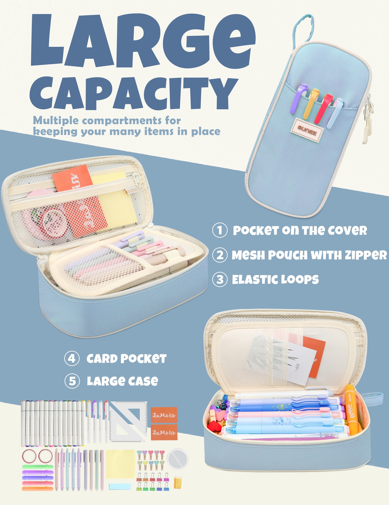SUNEE Stylish Durable Versatile Zipper Pencil Case, Large Stationery Organizer Bag for Teens and Adults, Blue
