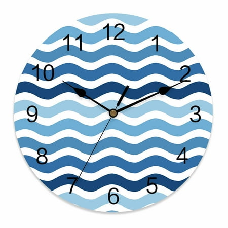 Wall Clock 14 Inch Geometric Nautical Striped Pattern Round Silent Decorative Wall Clocks Battery Operated for Living Room Bedroom Kitchen Classroom Decor, Blue White Wave Pattern,Large