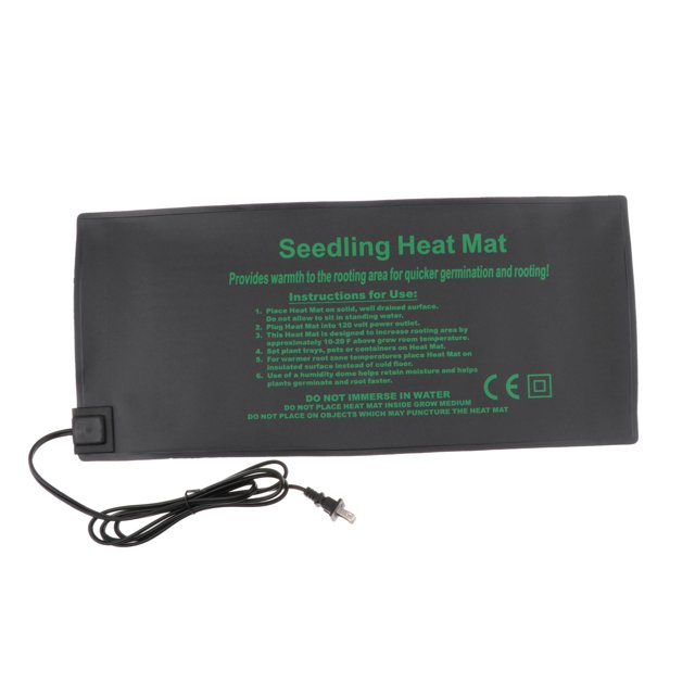 alfombra térmica de propagación para semils pequeña para semils caliente, alfombrilla rectangular negra 52x24 cm con cable y enchufe tipo A, vista frontal; superficie lisa resistente al agua y borde sellado con texto verde “Seedling Heat Mat”; calienta el área de raíces para mejorar germinación y apoyar plántulas y esquejes; adecuada para propagadores domésticos.