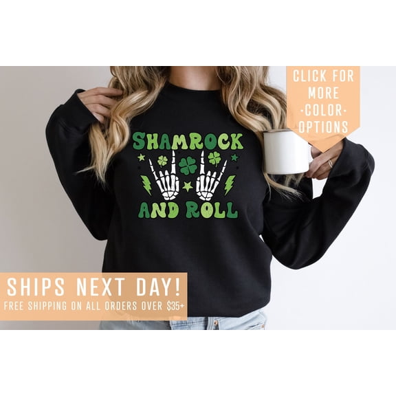 Shamrock And Roll Sweatshirt Gift For St. Patrick's Day, Skeleton Hand Shamrock T-Shirt, Gothic Four Leaf Clover Shirt, Pattys Day Hoodie