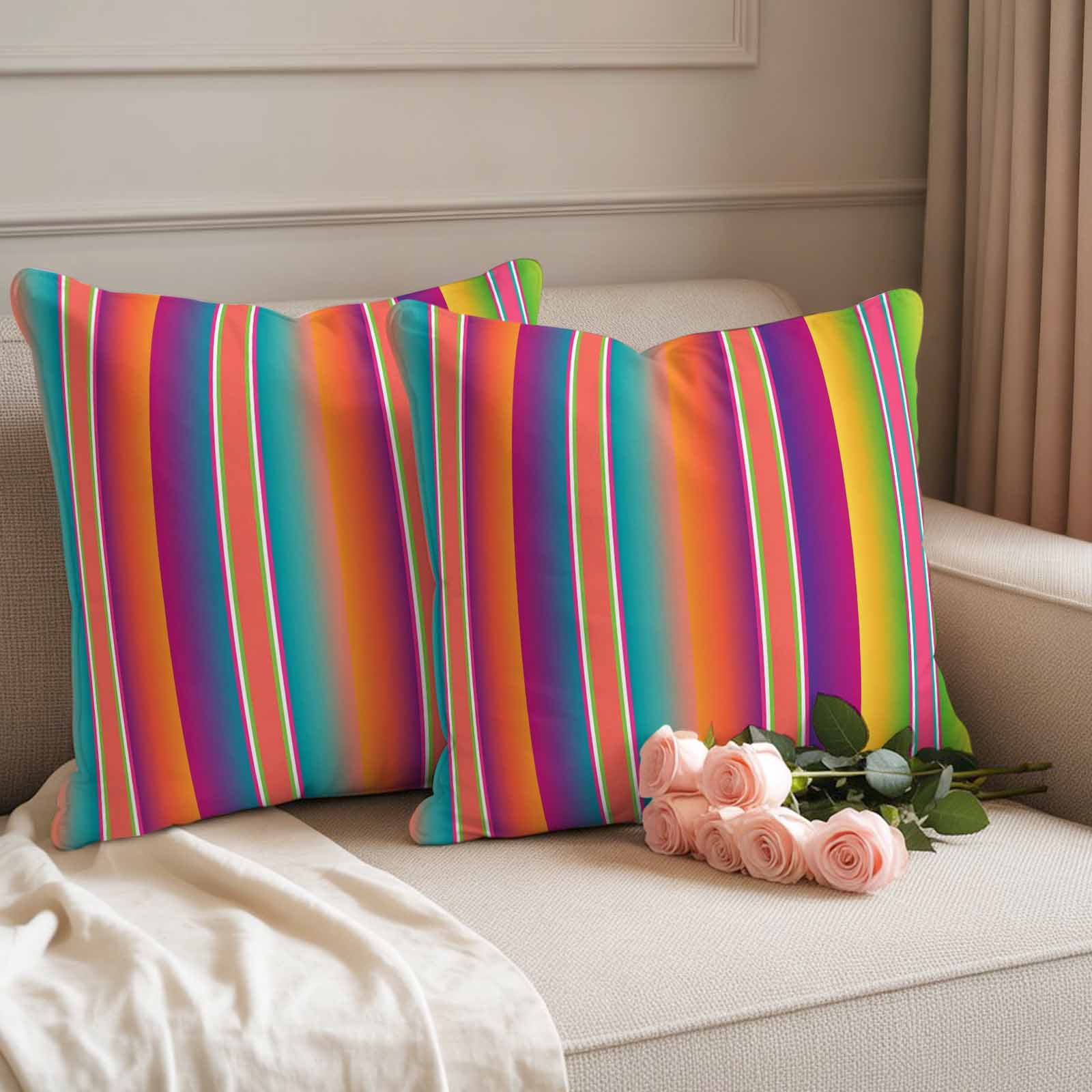 Mexican Style Outdoor Waterproof Throw Pillow Covers 26x26 Set of 2, Colorful Mexico Stripes Orange Purple Decorative Pillowcases Cushion Pillowcase for Couch Sofa Patio Outside Pillow Protector
