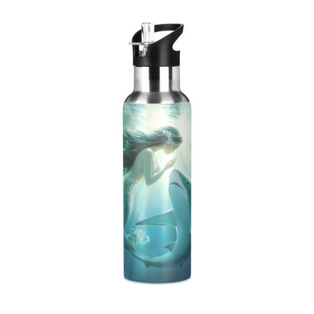 

ALAZA Mermaid and Shark Water Bottle Insulated Flask Stainless Steel Straw Lid 20 oz