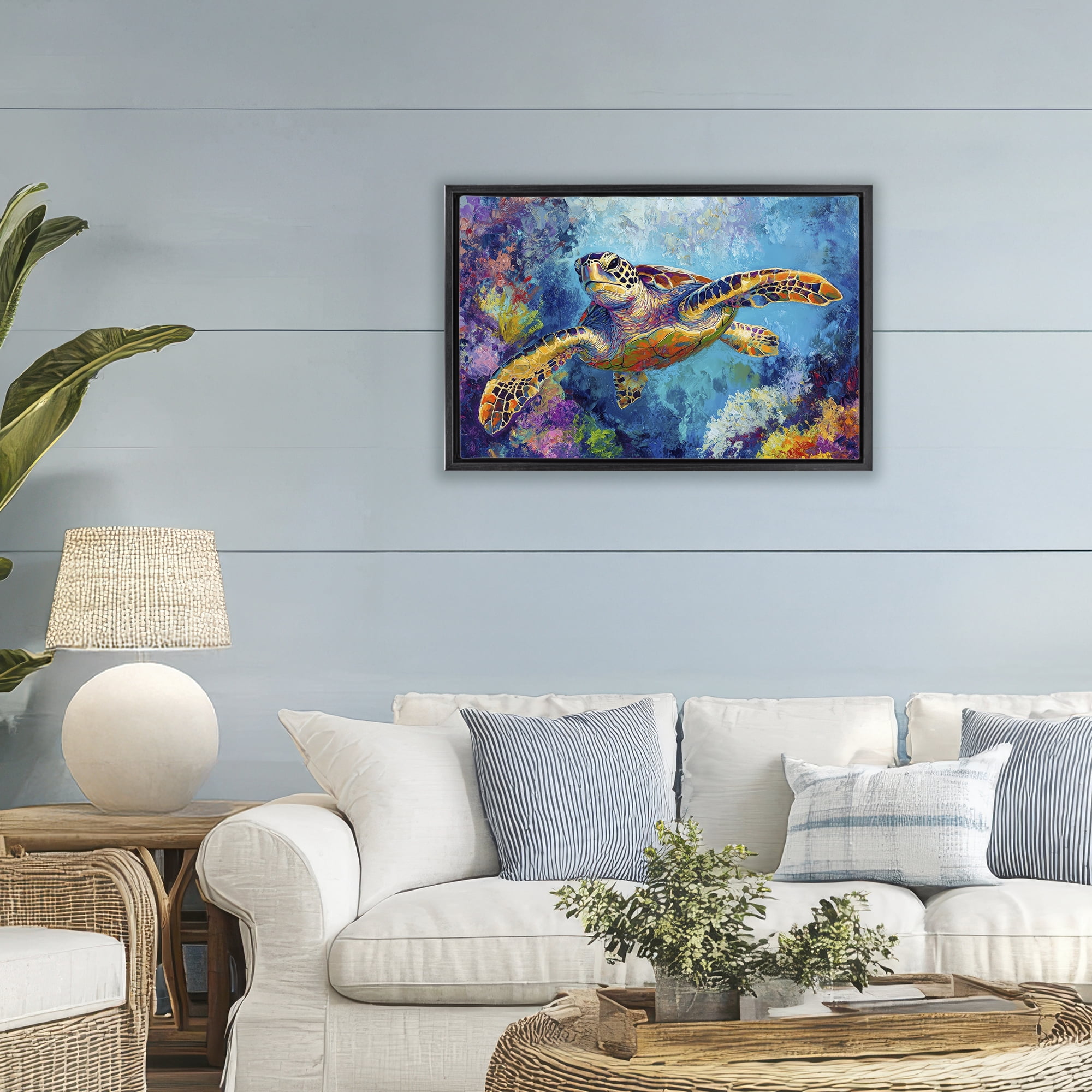 Stupell Industries Colorful Sea Turtle over Coral Black Framed Floater Canvas Wall Art, design by Petal Prints Design
