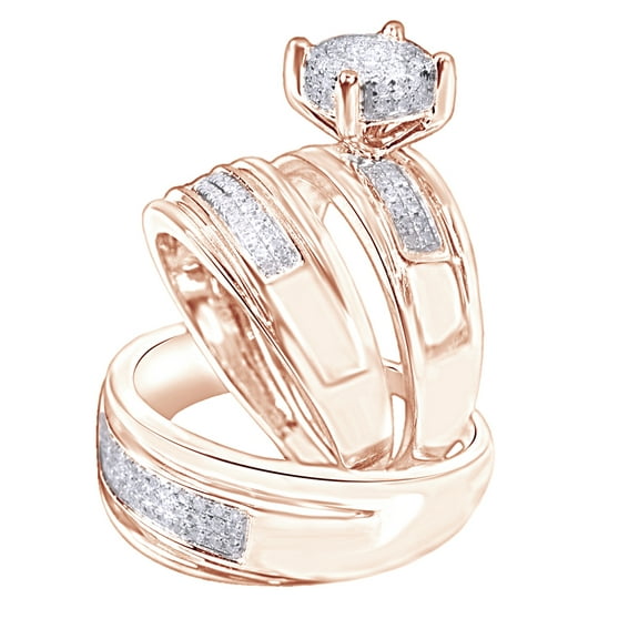 AFFY White Natural Diamond Engagement & Wedding Trio Band Ring Set In 10k Rose Gold (0.4 Cttw)