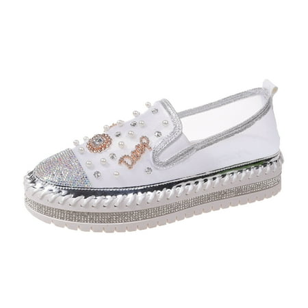 OJSFQUFP Womens Running Shoes Ladies Fashion Breathable Mesh Rhinestone Decorative Thick Sole Casual Shoes Work Flats Office Shoes Womens Fashion Sneakers White 42