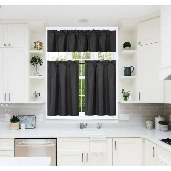 RS5 1-Set Black Rod Pocket Silky Window Curtain Lined Blackout, Two (2) Panels 30"X 36" Each