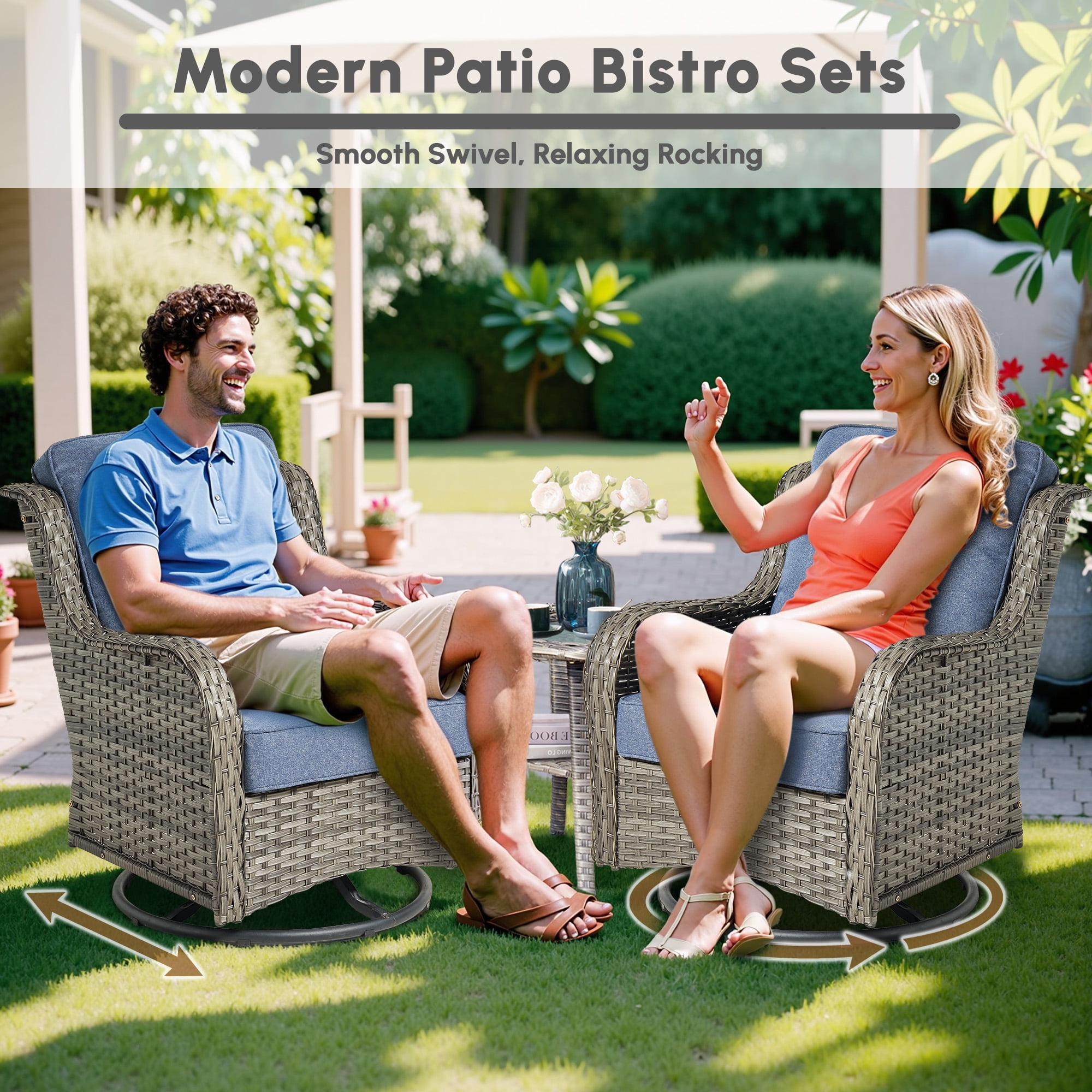 Ovios 7 Pieces Patio Furniture Set High Back All-Weather Wicker Sectional Outdoor Conversation Set with Swivel Chairs & Solar-Powered Coffee Table for Deck, Backyard, or Garden, Denim blue