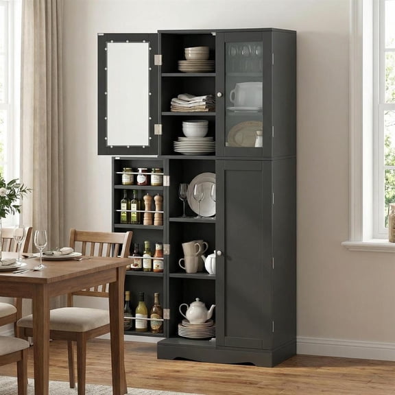Topcobe Tall Kitchen Pantry Cabinet with Dual Tempered Glass Doors and Shelves, Storage Cabinets for Living Room-Black