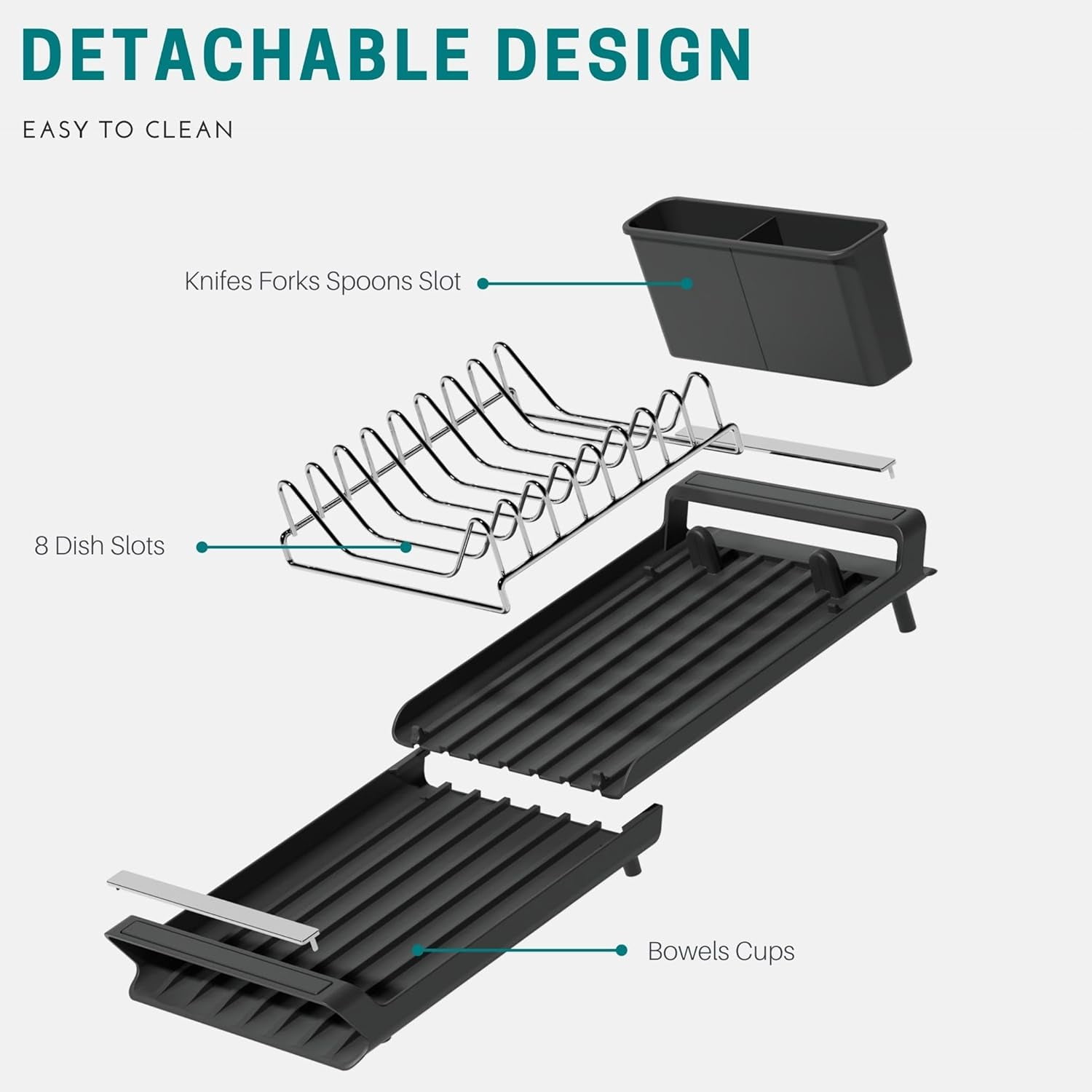 Extendable Dish Drying Rack, Small Dish Rack, Compact Dish Drainer, Dish Racks for Kitchen Counter, Stainless Steel Dish Drying Rack with Removable Cutlery Holder, Grey