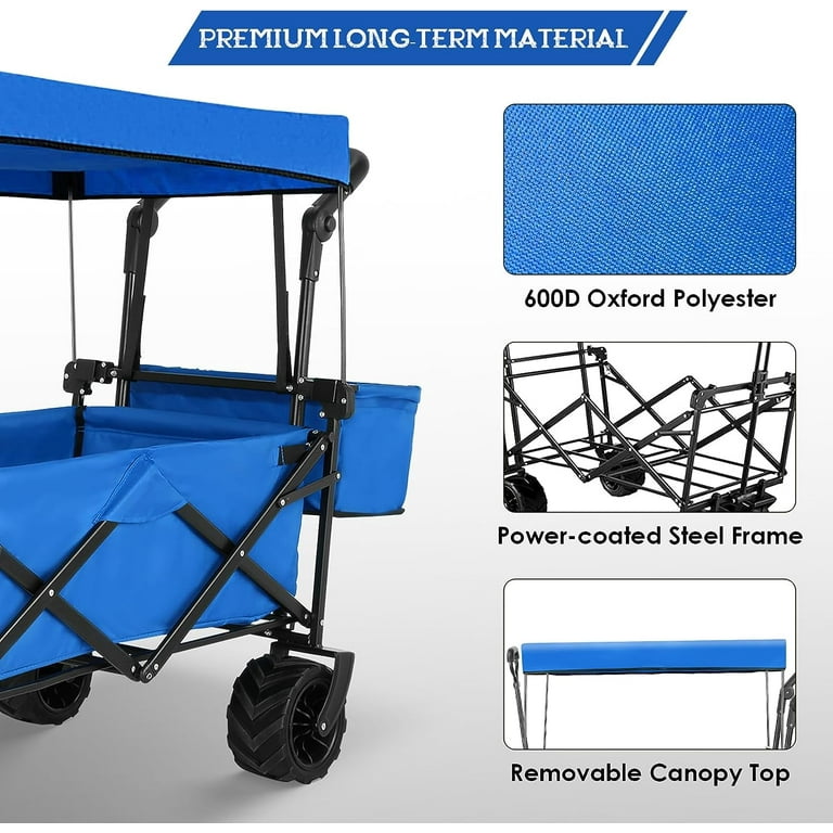 lazyBuddy Heavy Duty Collapsible Utility Wagon With Canopy Beach Cart  All-Terrain Wheels Blue