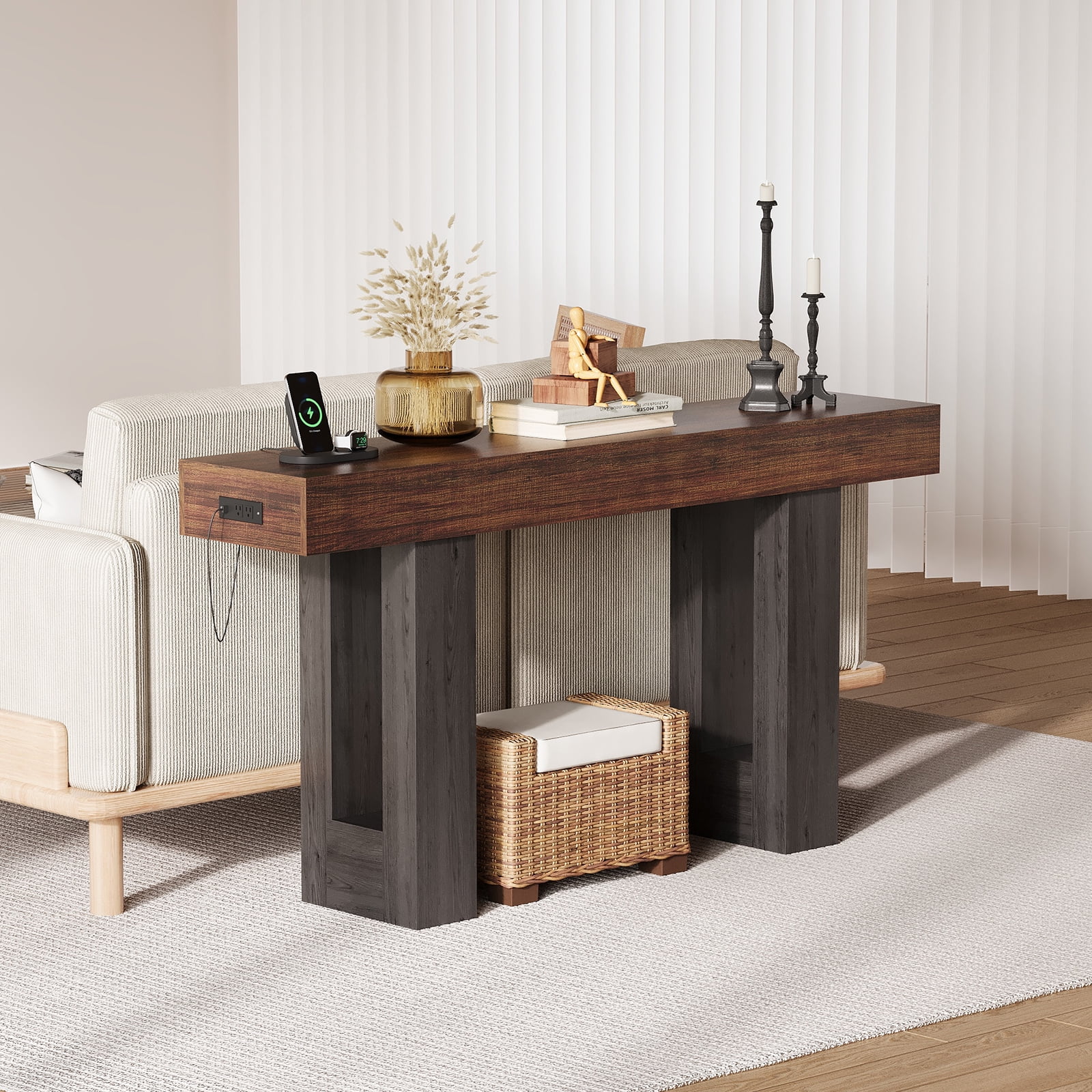 63 Inch Console Table with Power Outlet, Extra Long Sofa Table Behind Couch with USB & Type c Ports, Narrow Entryway Table for Hallway, Entrance, Living Room, 33.3" High