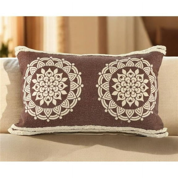 HomeRoots 549453 16 x 24 in. Brown & Ivory Medallion Cotton Lumbar Throw Pillow with Texture