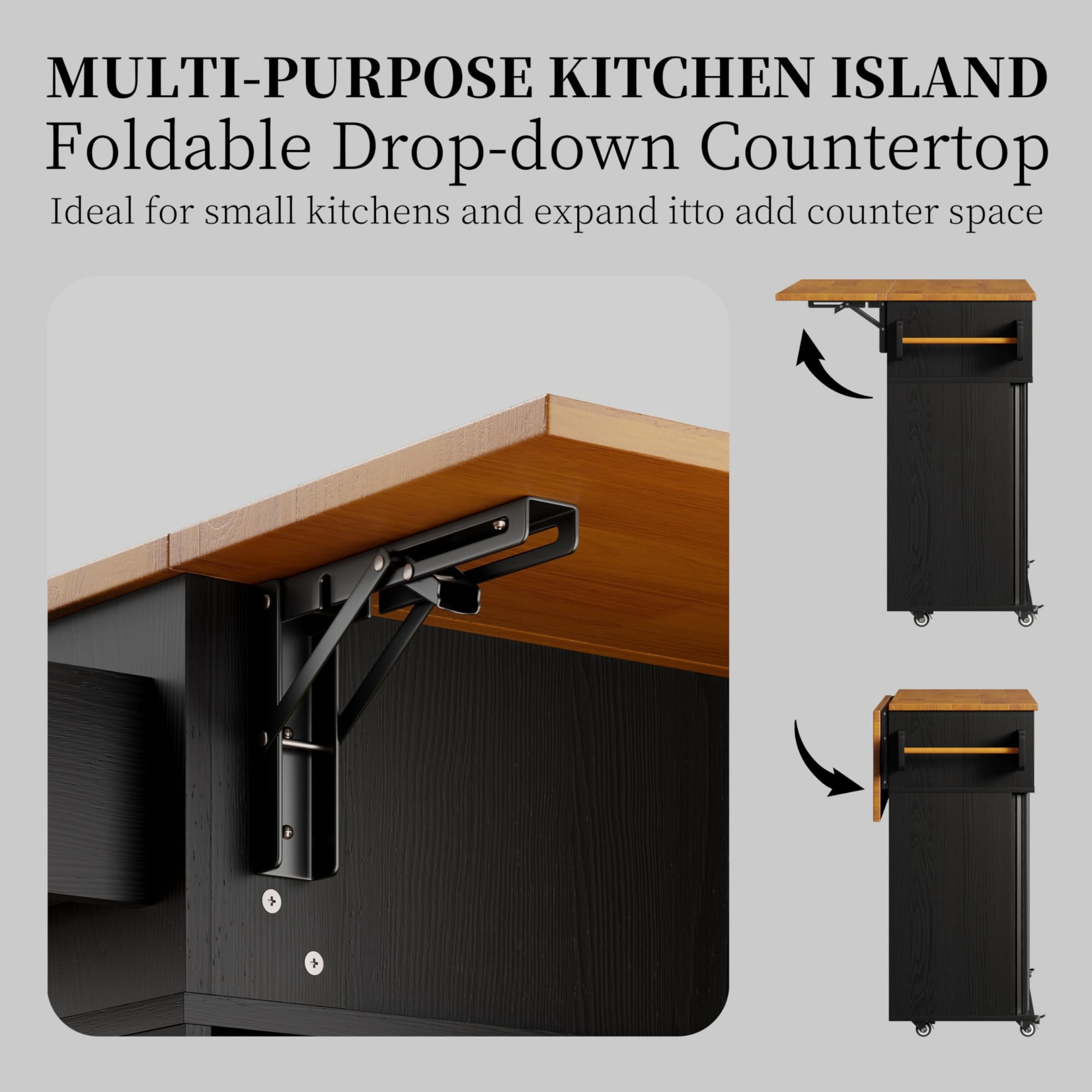 Rolling Kitchen Island Cart with Drop Leaf, Mobile Kitchen Cart on Wheels with Sliding Door, Drawer & Storage Rack, Black