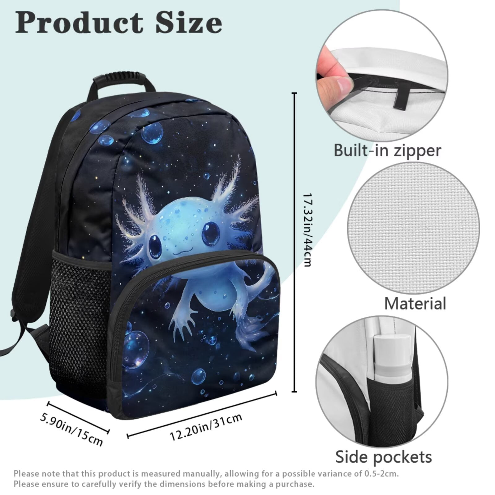 Pzuqiu Blue Axolotl Cute Backpack for School 17 Inch 4 Piece Back Pack for Girls with Lunch Box Pencil Case 2pcs Bookmark Rucksack Travel Backpacks for Kids Student Bag