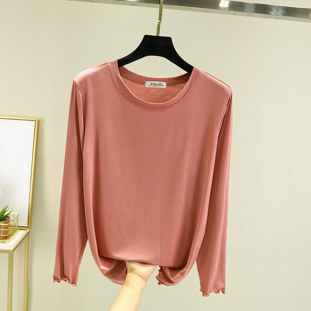 Timegard Hauts d'Automne pour Femmes Pyjamas Col Rond Manches Longues Vêtements de Nuit Décontractés Amples Confortables Hauts de Pjs Couleur Unie