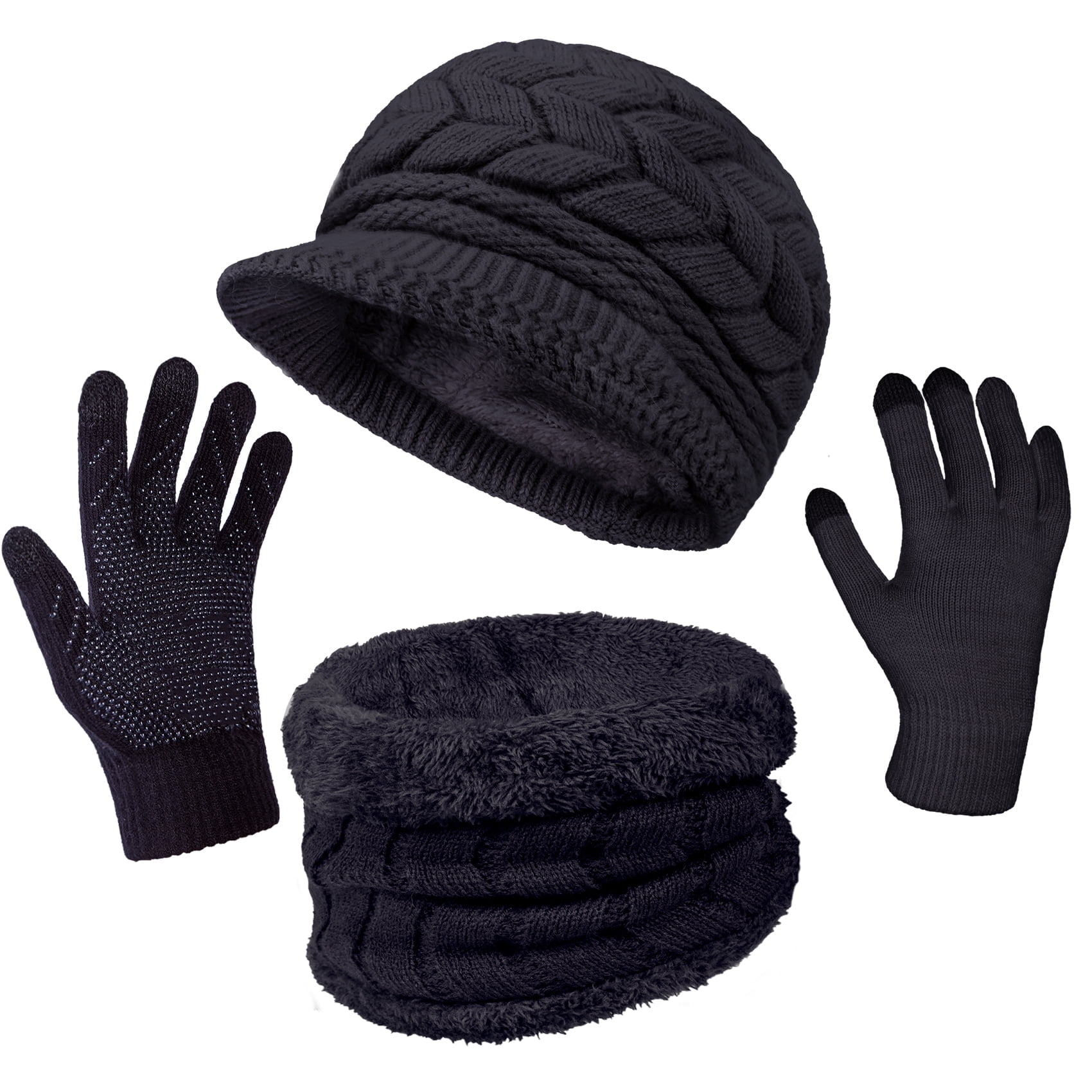 Black and off white 4 Pieces Women Winter Hat and Glove Set Warm Knitted Beanie‌ Buy Navy Blue Cable Knit Hat Gloves & Scarf 3 Piece Set (3  main image 3