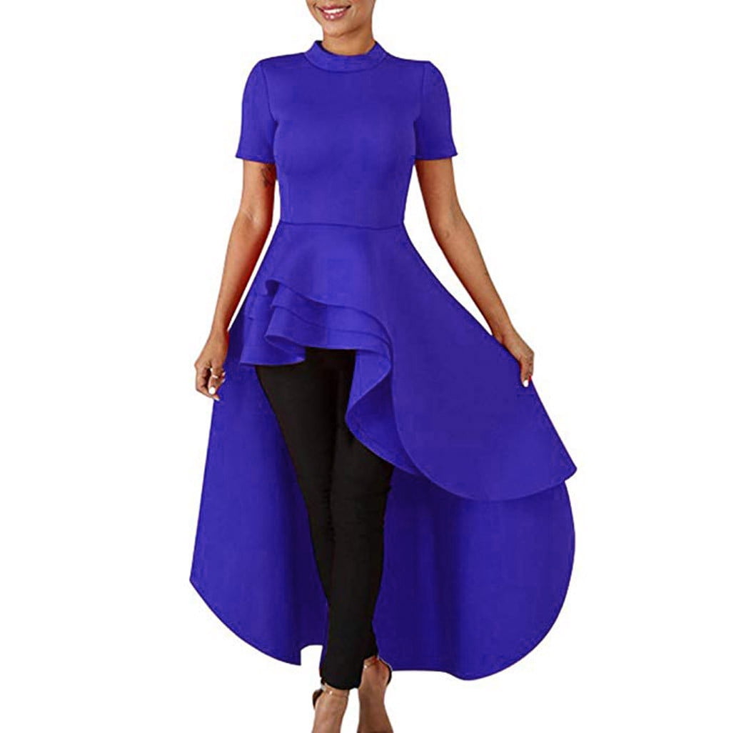 Women Ruffle Bodycon Peplum Asymmetrical Tunic Shirt Dresses High Low Blouse Tops Shirt Dress S-3XL 