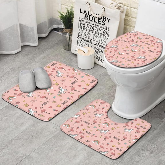 Pink Unicorn Flamingo Pattern Bathroom Rugs Sets 3 Piece,Toilet Cover Set,Absorbent Non Slip Bathroom Mats Sets with U-Shaped Contour Rug Toilet Rug Set