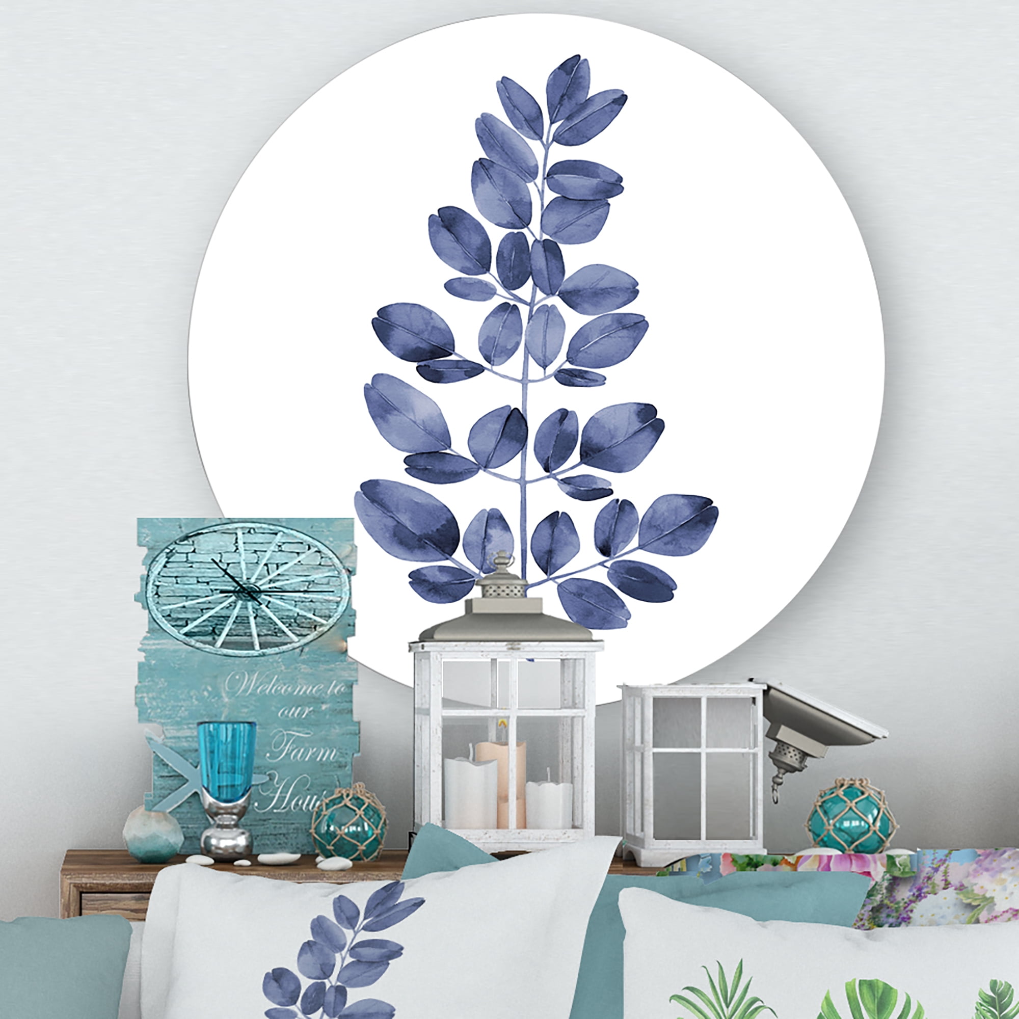 Designart 'Navy Blue Eucalyptus On White' Traditional Circle Metal Wall Art 23x23 - Disc of 23