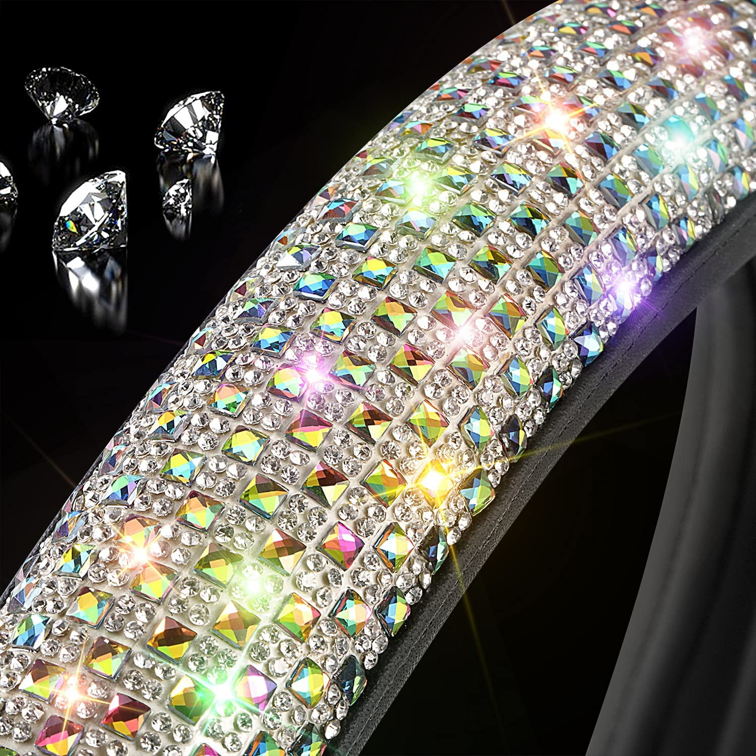 HOLDCY Steering Wheel Cover, Colorful Bling Crystal Diamond Car Wheel Protector, Compatible with Most Cars and Trucks with 14.5 to 15 Inch Steering Wheels, for Car Accessories Women Girls