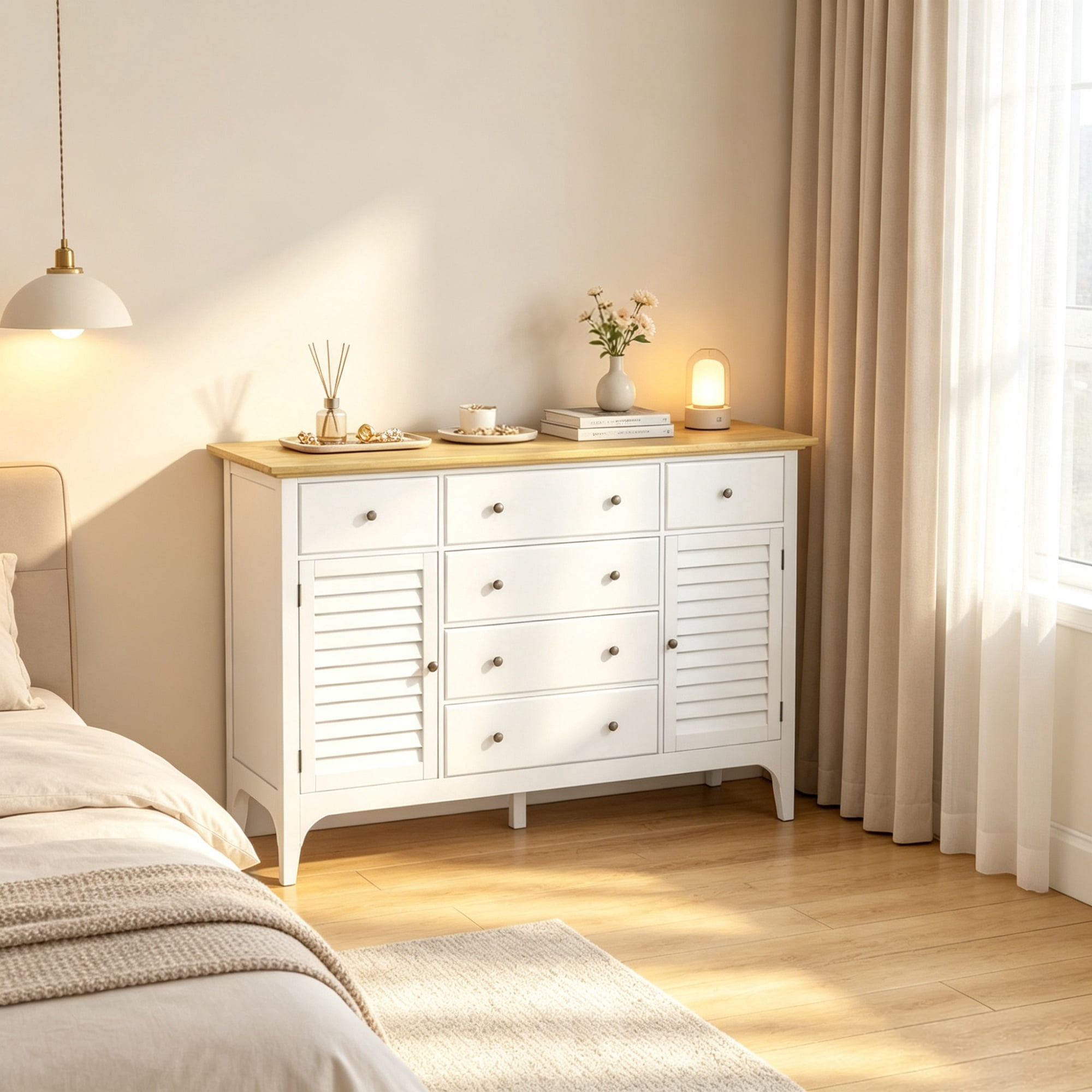 Adjustable Shelves Sideboard, Buffet Cabinet with Storage Drawers, Rubber Wood Top Coffee Bar, White