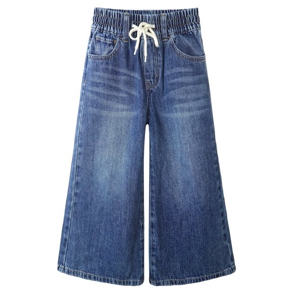 KIDSCOOL SPACE Little Girls Wide-leg Denim Pants, 5-14T Loose Elastic Waist with String Flared Jeans Bottoms,Mid Blue,4-5 Years