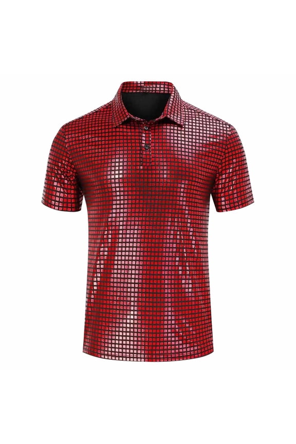 Shirts for Men Solid Color Glitter Sequin Flip Collar Button Short Sleeve Dressy Shirts Blouse Tops Red XL