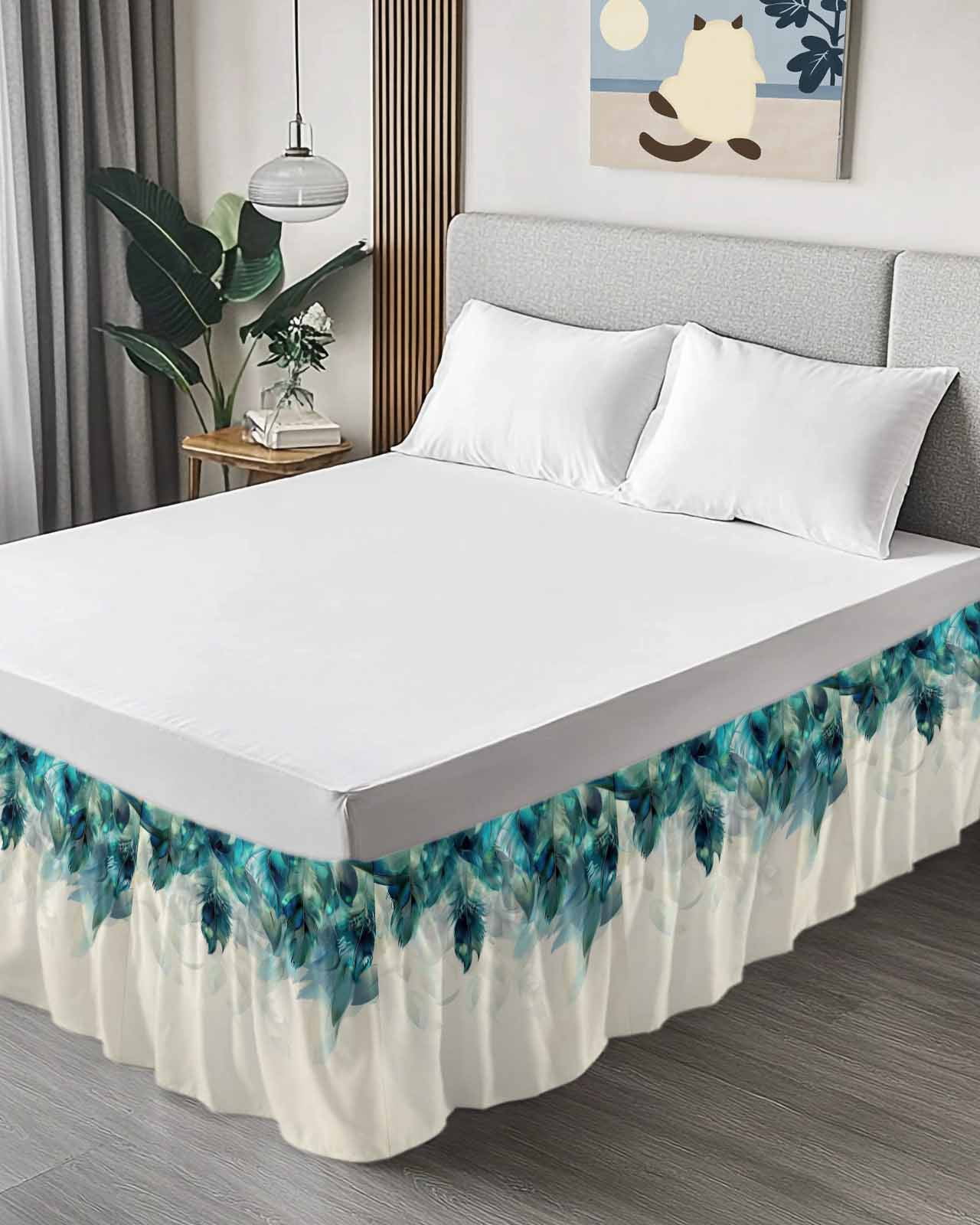 Teal Feather Wrap Around Bed Skirts for Queen Bed 16" Drop, Bed Skirt with Adjustable Elastic Belt Dust Ruffle Bed Valance for Bedroom Hotel Luxury Farmhouse Feather Art Teal Ombre Bed Frame Cover