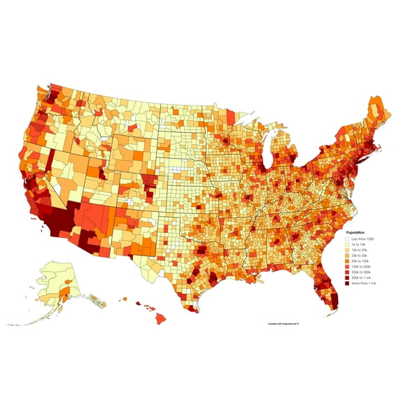 24x15in Coated Paper USA Population Map bY Counties