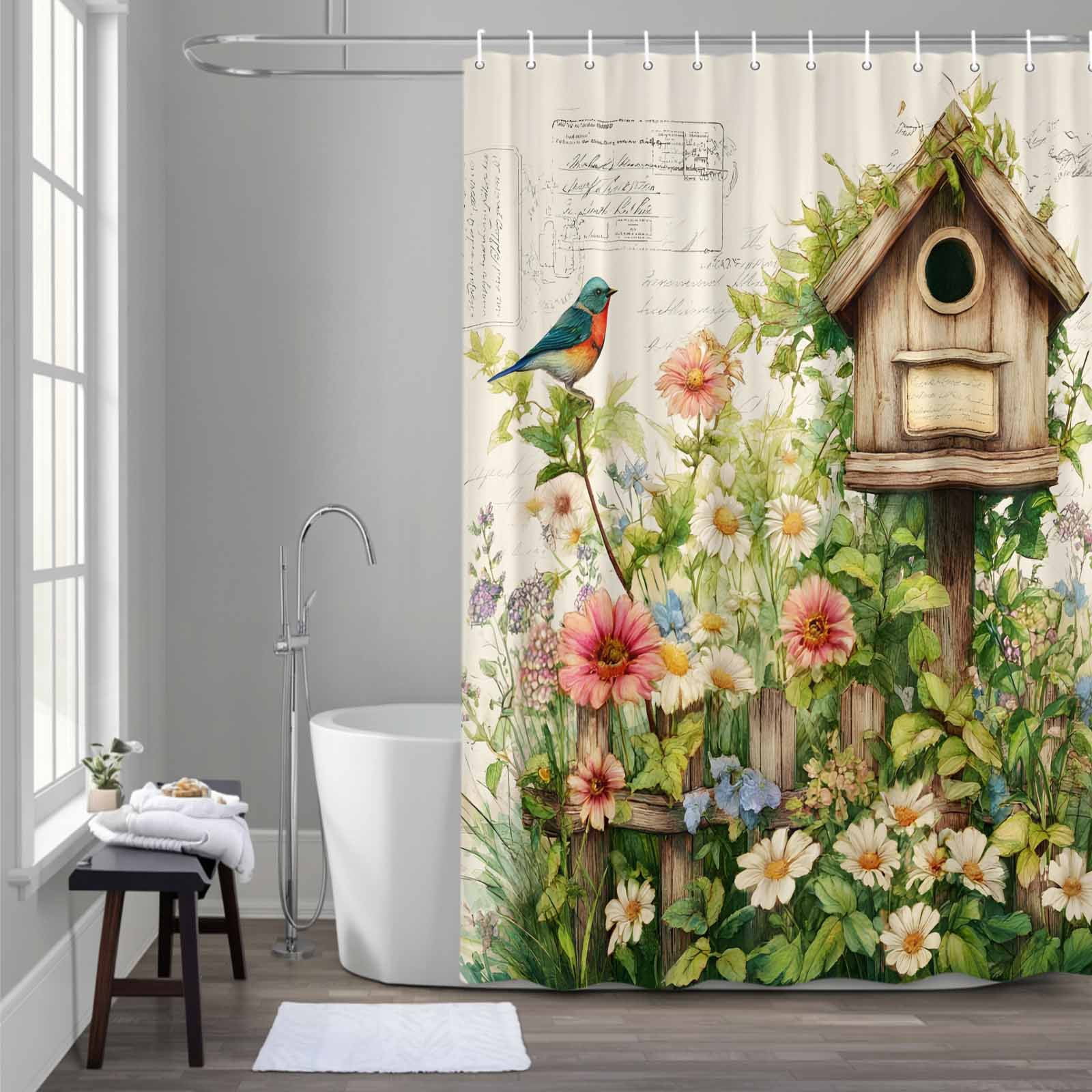 Spring Flowers Shower Curtain for Bathroom, Country Watercolor Bird House Fence White Floral Leaf Beige Waterproof Cloth Fabric Bathroom Accessories Set with 12 Rust Proof Plastic Hooks, 36"x78"