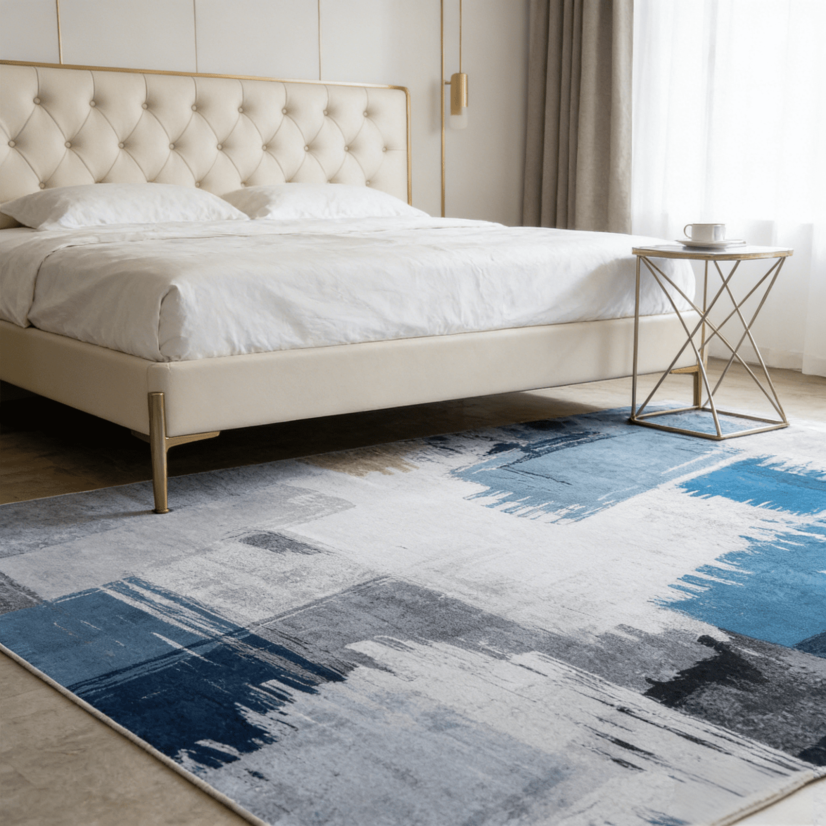 Orhopui Washable Area Rug for Living Room Blue+Gray, 4'x6' Non-Slip Neutral Abstract Indoor Rug - Soft Low Pile & Stain Resistant Carpet for Bedroom, Office, Dining Room, Nursery & Kitchen