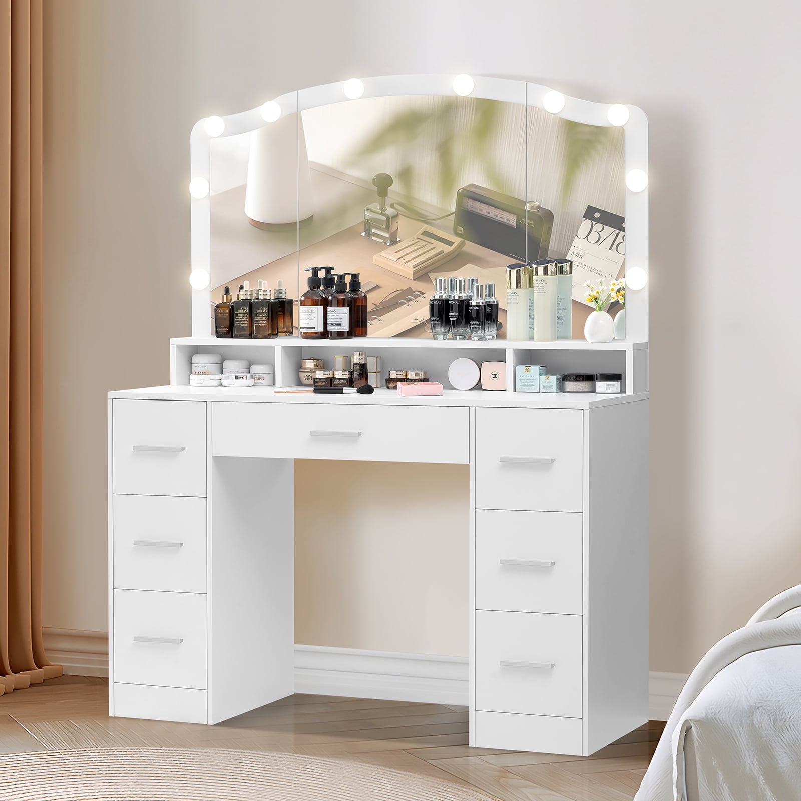 USIKEY Vanity Desk with Large Lighted Mirror, 43.3" Makeup Vanity Table