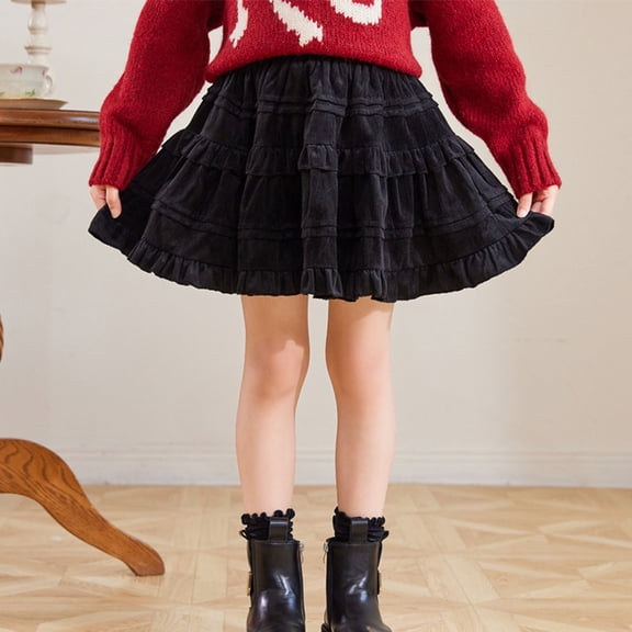 Girls Velvet Mini Skirt Vintage Elastic Waist Ruffle Skirts Kids Pleated Tiered Short Skirt Black 3-4Y